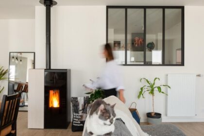 Poêle mixte bois et granulés dans un séjour