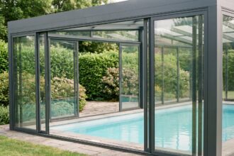 Abri de piscine bas en verre et aluminium entourant une piscine rectangulaire dans un jardin aménagé