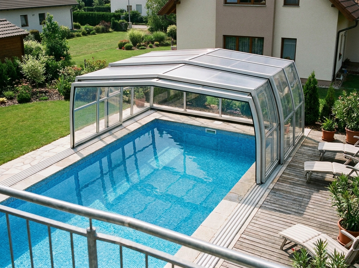 Abri de piscine télescopique rétractable en position ouverte au-dessus d'une piscine carrelée avec terrasse en bois