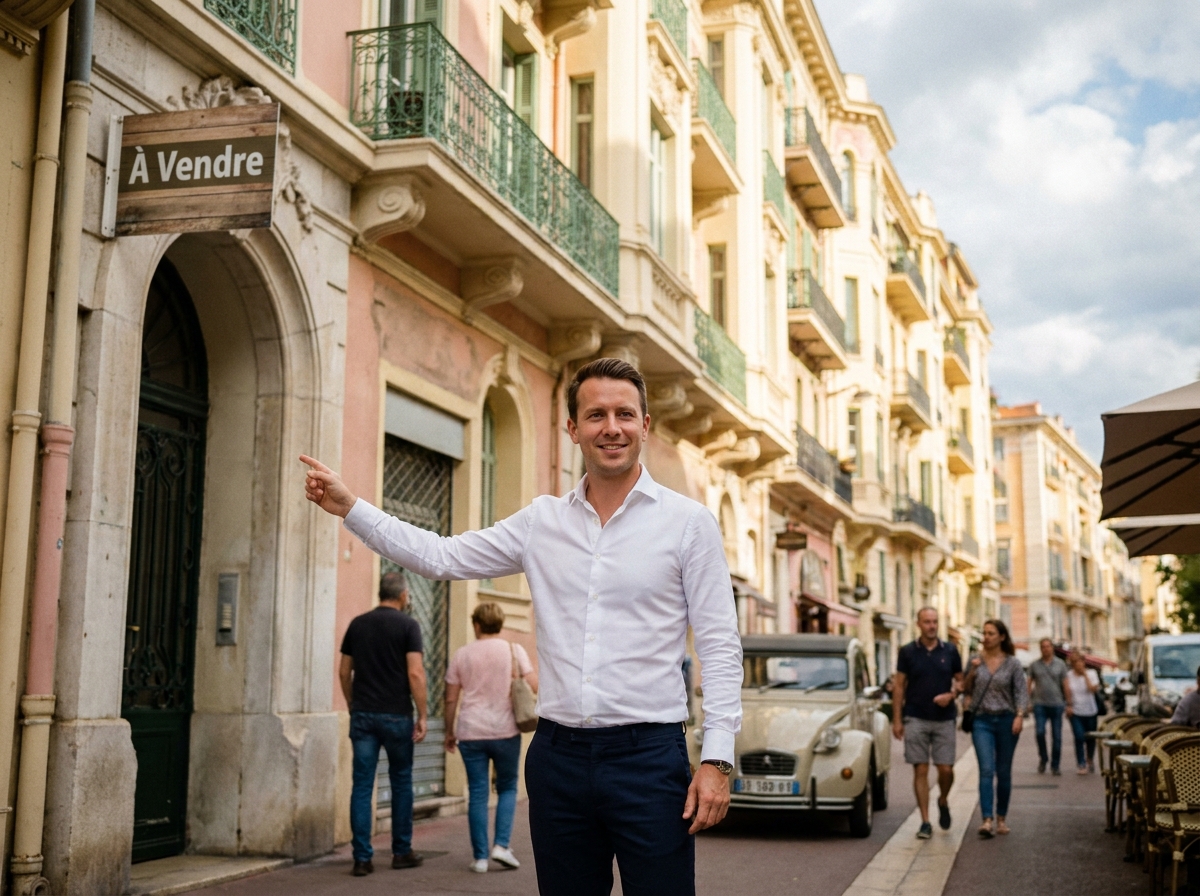 Agent immobilier devant un immeuble Belle Époque à vendre dans le centre de Nice
