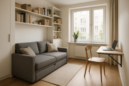 Salon d'un appartement moderne avec canapé-lit et bureau mural