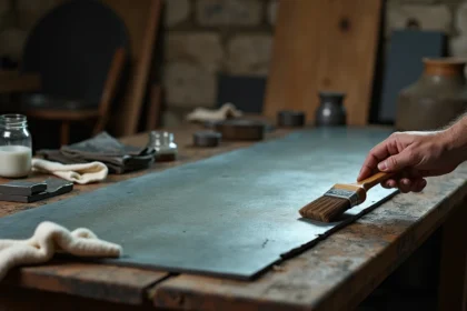 Artisan appliquant une patine chimique sur une feuille de zinc avec un pinceau en soies naturelles, effet vieilli visible sur le métal