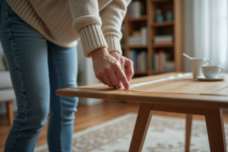 Femme appliquant du ruban de protection sur une table en bois