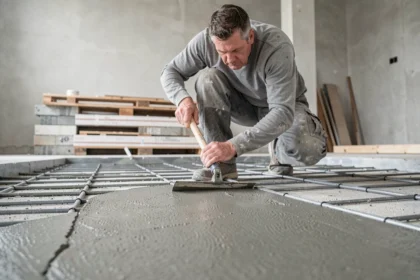 Ouvrier appliquant un ragréage fibré sur un plancher chauffant avec pipes apparents sous la chape fraîche