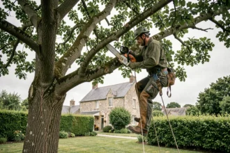 Arboriste professionnel en train d'élaguer un grand chêne dans un jardin breton avec tronçonneuse et harnais de sécurité