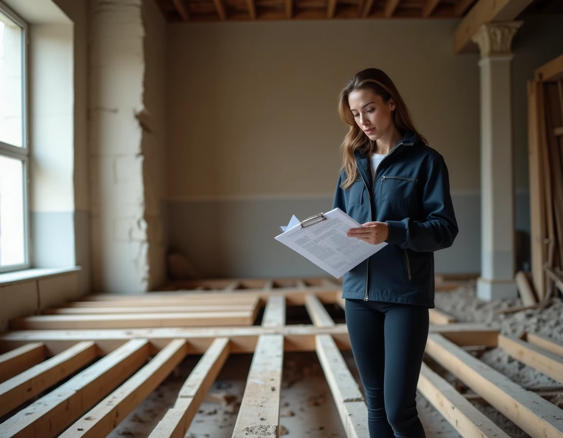 Architecte évaluant l'état des solives de plancher dans un appartement ancien en rénovation avec planches retirées