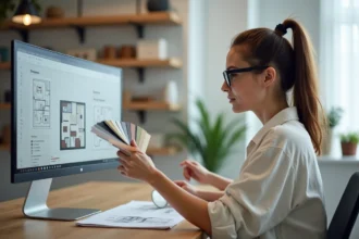 Femme architecte d'intérieur travaillant à distance sur des plans de conception depuis son bureau à domicile avec des échantillons de matériaux