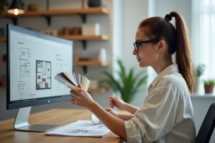 Femme architecte d'intérieur travaillant à distance sur des plans de conception depuis son bureau à domicile avec des échantillons de matériaux