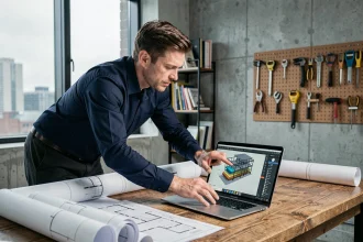 Architecte utilisant un logiciel BIM sur ordinateur portable dans un bureau avec des plans d'aménagement imprimés