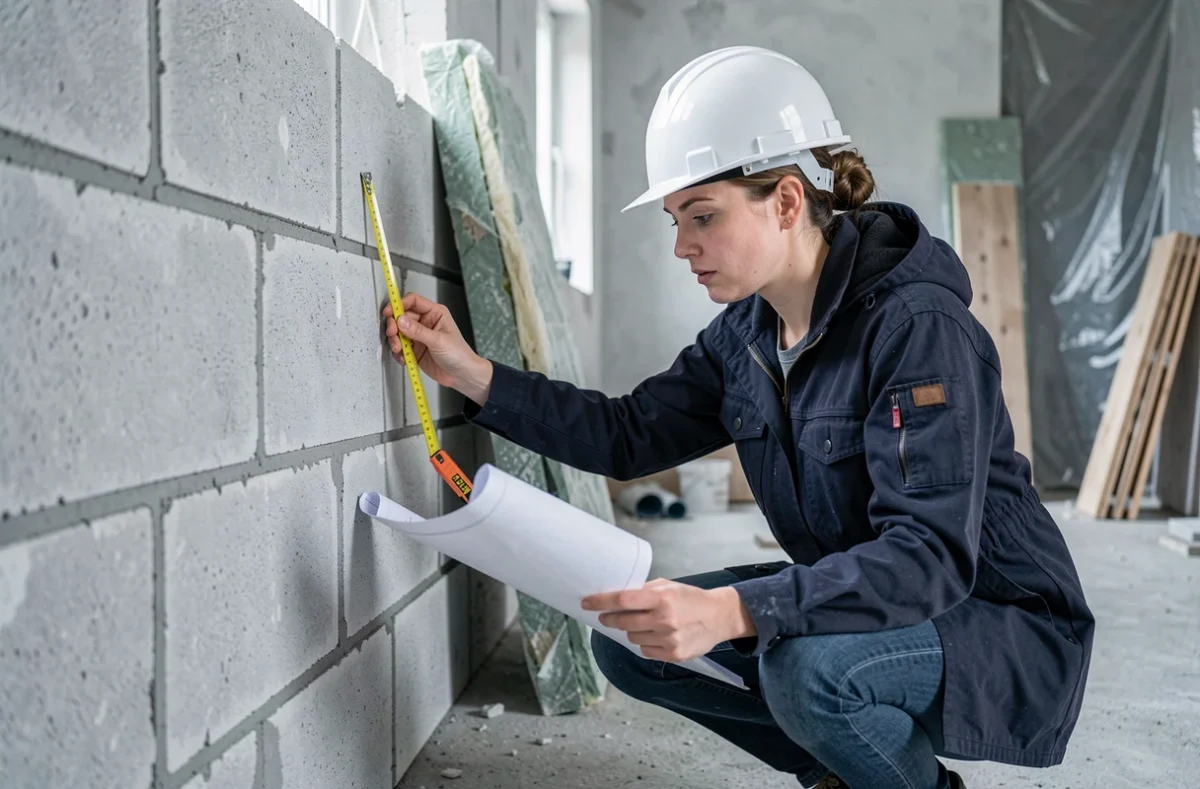 Architecte mesurant l'épaisseur d'un mur en parpaings à l'intérieur d'une maison en construction conforme RT 2026