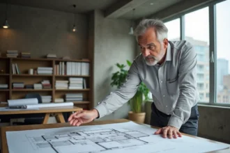 Architecte examinant un plan de construction avec mur de refend structurel dans un bureau d'architecture