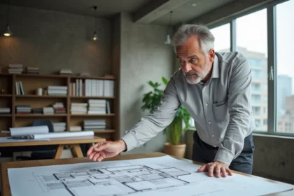 Architecte examinant un plan de construction avec mur de refend structurel dans un bureau d'architecture