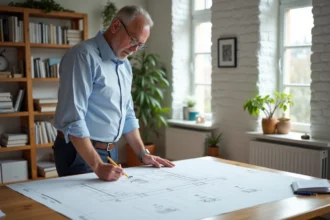 Architecte homme dans son bureau avec plans et échelle VELUX