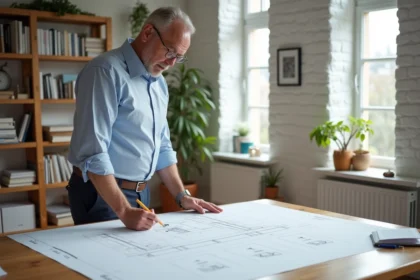 Architecte homme dans son bureau avec plans et échelle VELUX