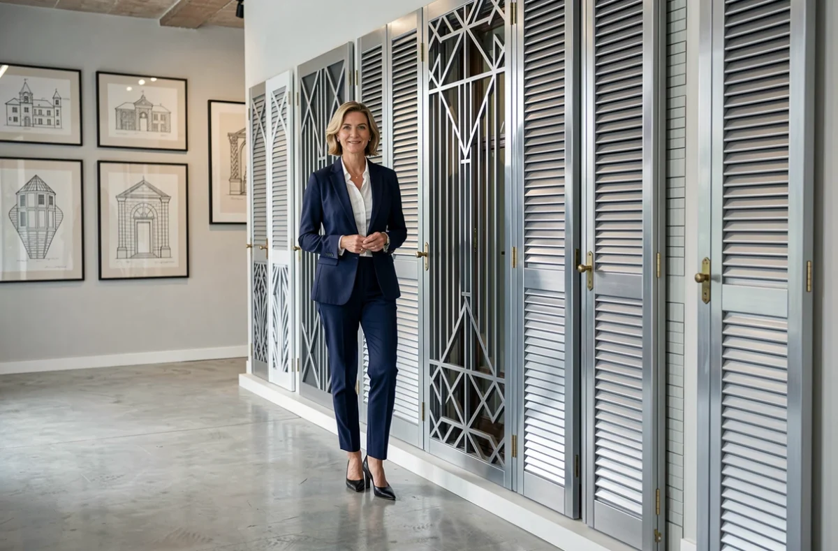 Représentante d'Art Deco Stores présentant des volets aluminium à motifs géométriques dans un showroom du Var