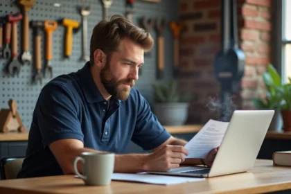 Artisan masculin consultant des devis en ligne sur un ordinateur portable dans son bureau, plateforme de mise en relation pour trouver des clients qualifiés