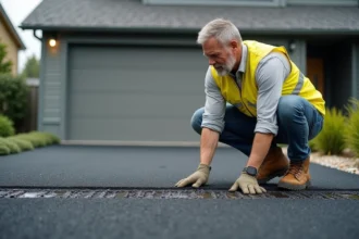 Artisan inspectant la texture d'un enrobé drainant posé sur une allée résidentielle