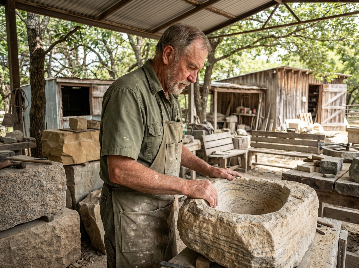 Artisan inspectant un lavabo en pierre dans son atelier en plein air
