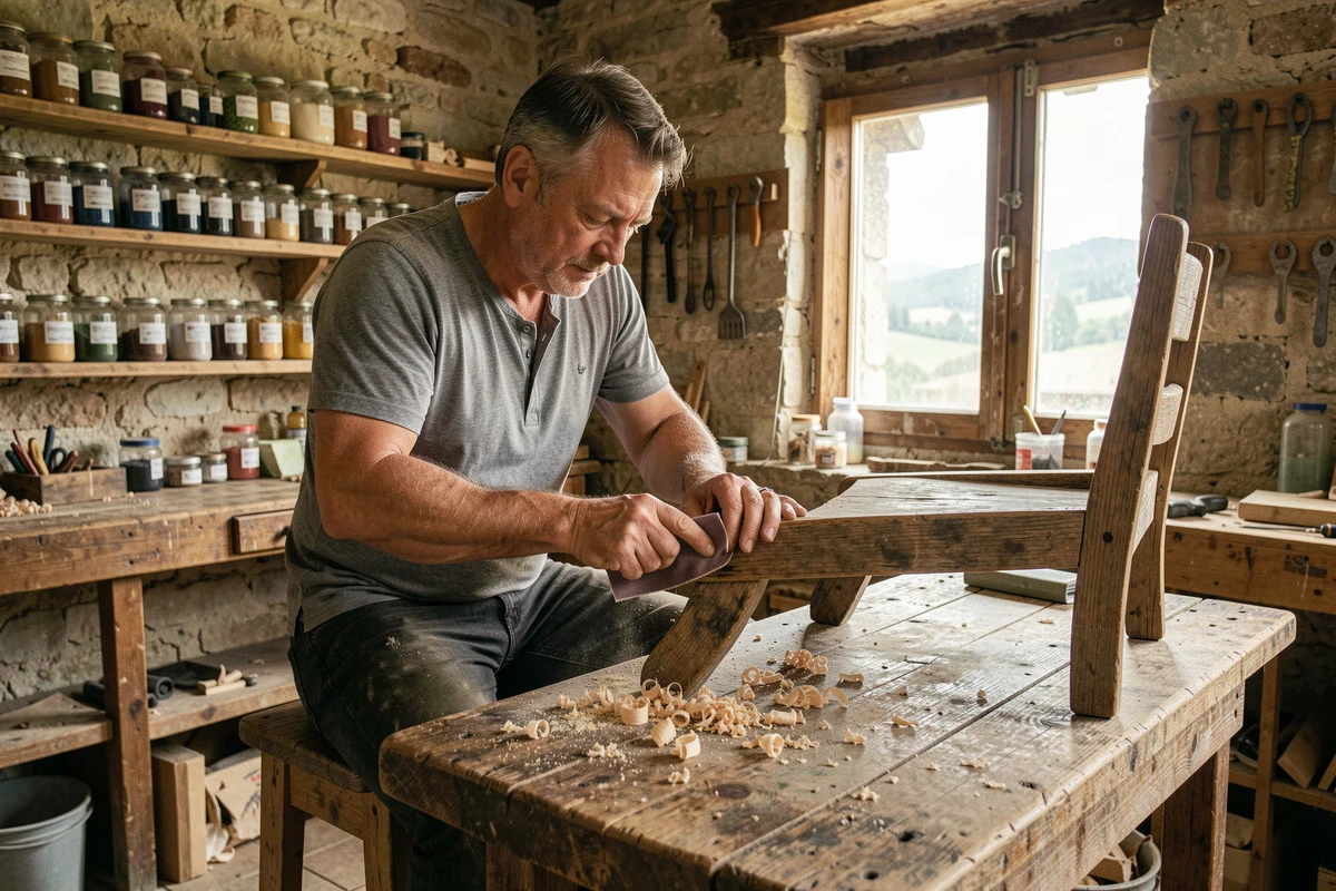 Artisan ponçant une chaise ancienne récupérée dans un atelier de l'Ain pour un projet d'upcycling