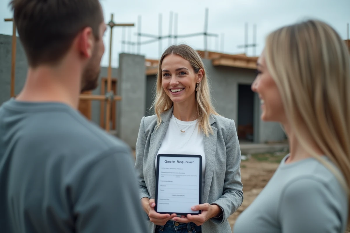 Artisane présentant un devis sur tablette à des clients propriétaires sur un chantier résidentiel, recherche de clients qualifiés via plateforme travaux