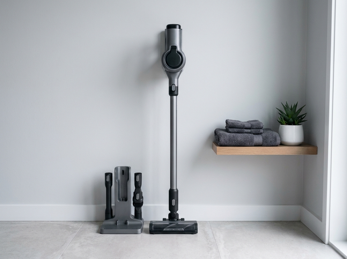 Aspirateur sans fil en charge dans un coin rangement minimaliste avec dock et étagère en bois