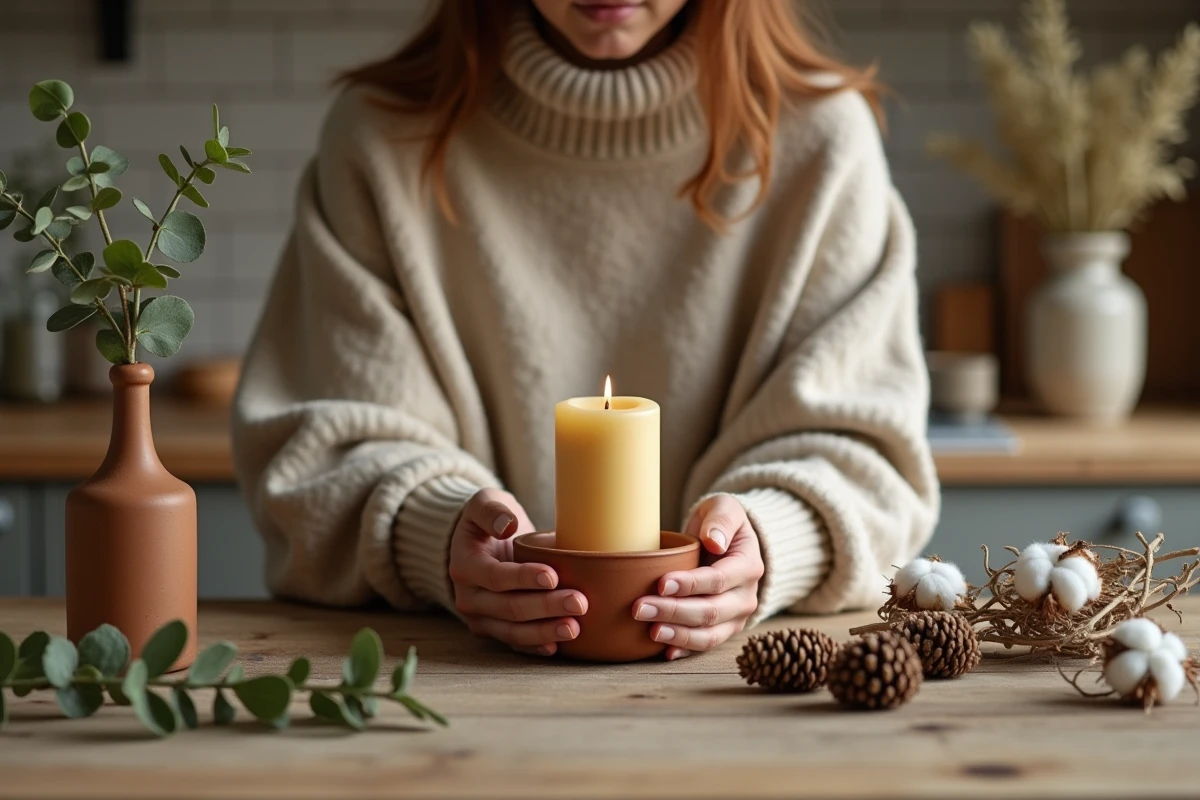 Gros plan sur les mains d'une femme plaçant une bougie en cire dans un bougeoir en terre cuite lors d'un atelier déco hygge fait maison