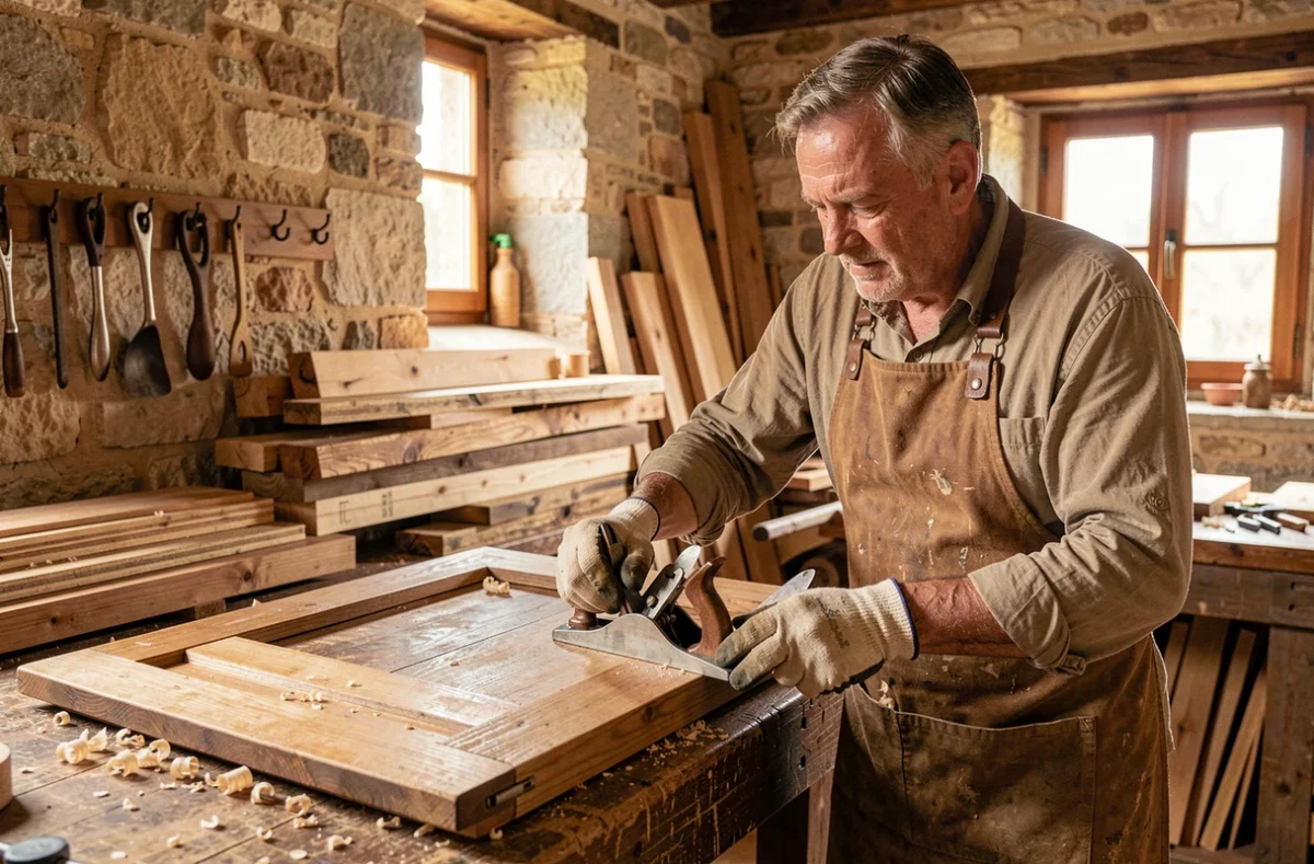 Artisan de l'Atelier Du Menuisier rabot en main travaillant un volet en chêne massif dans un atelier provençal