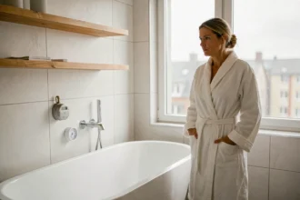 Femme en peignoir blanc regardant un compteur d'eau à côté d'une baignoire îlot dans une salle de bain scandinave
