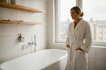 Femme en peignoir blanc regardant un compteur d'eau à côté d'une baignoire îlot dans une salle de bain scandinave