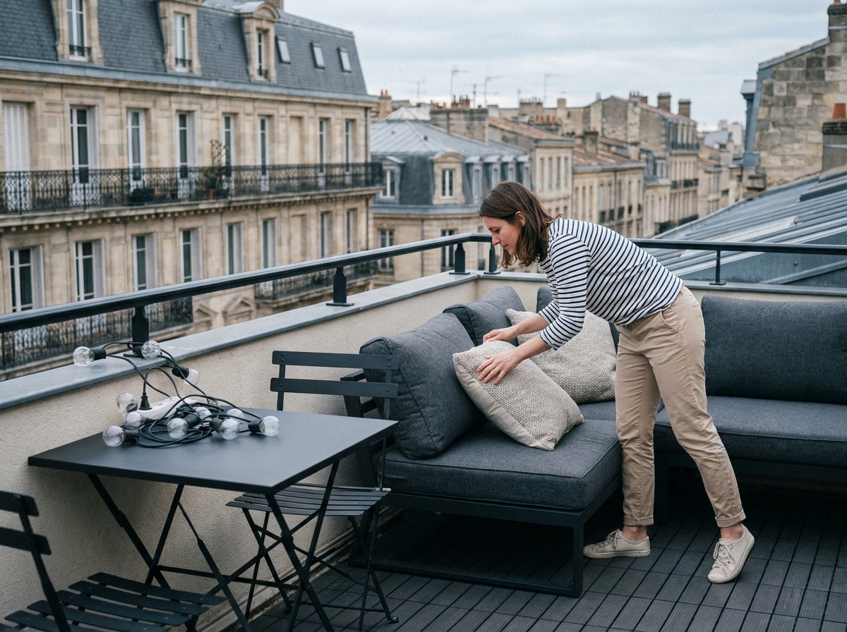 Femme aménageant un balcon moderne avec mobilier lounge et vue sur les toits de Bordeaux