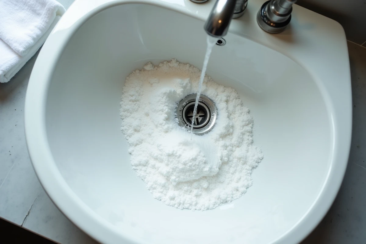 Gros plan sur un siphon de lavabo avec du bicarbonate de soude et du vinaigre blanc formant une réaction effervescente pour éliminer les mauvaises odeurs