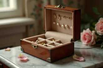 Boîte à bijoux vintage en bois ouverte avec compartiments en velours organisés sur une vanité en marbre