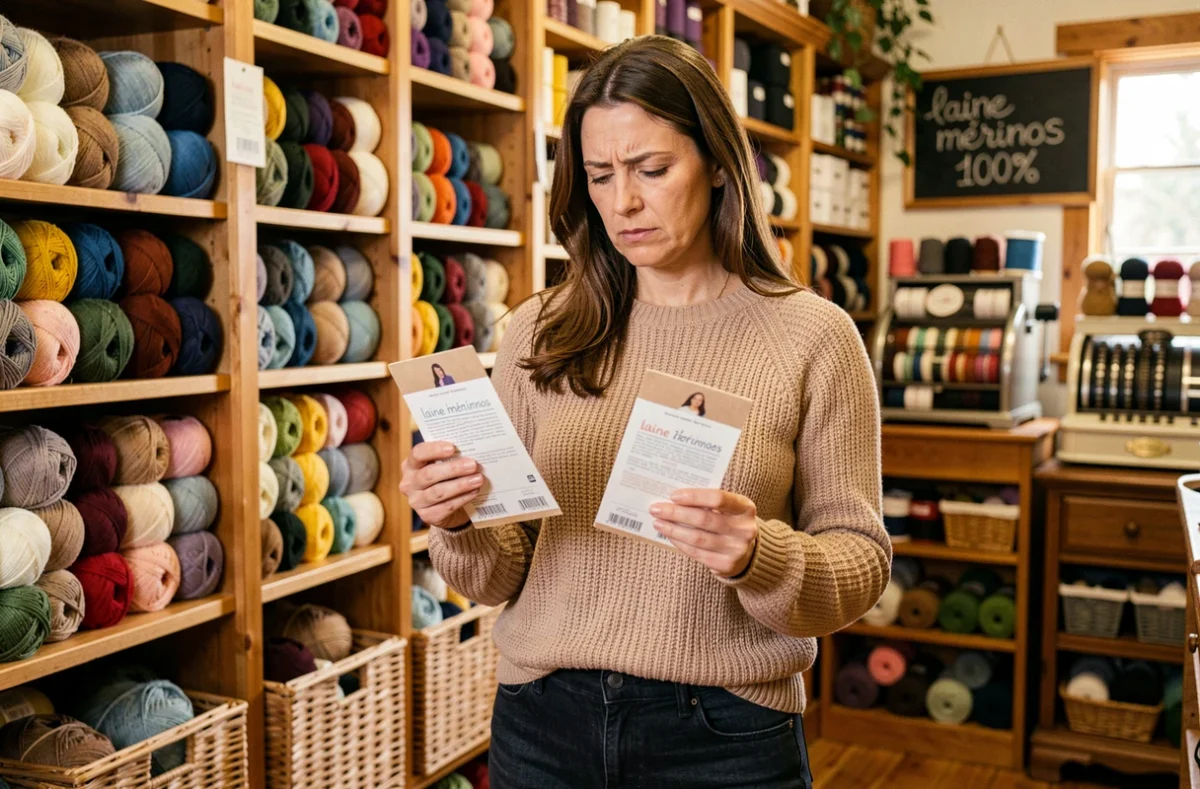 Femme dans une boutique de laine comparant des étiquettes de pelotes pour choisir la quantité nécessaire pour un pull taille 44 et un gilet