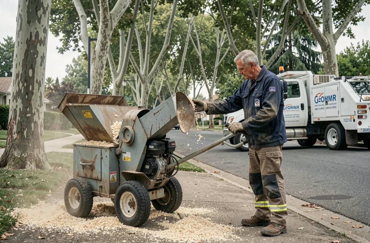 Élagueur utilisant un broyeur de branches en bordure de rue lors d'une opération d'élagage urbain