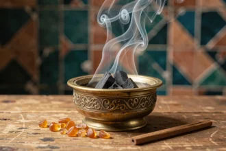 Brûleur de bakhour en laiton avec fumée d'encens arabe sur surface en bois et fond de carrelage marocain