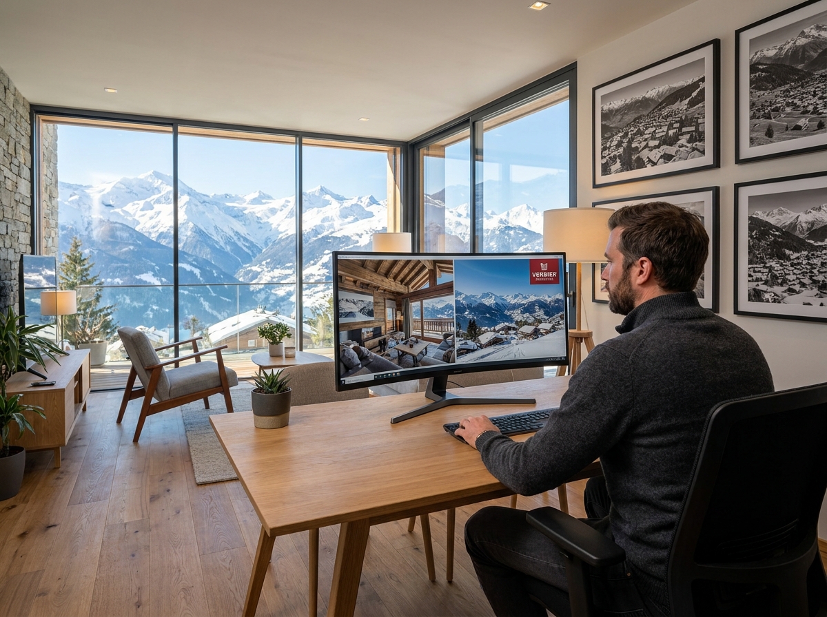 Conseiller immobilier dans un bureau moderne à Verbier avec vue panoramique sur les Alpes