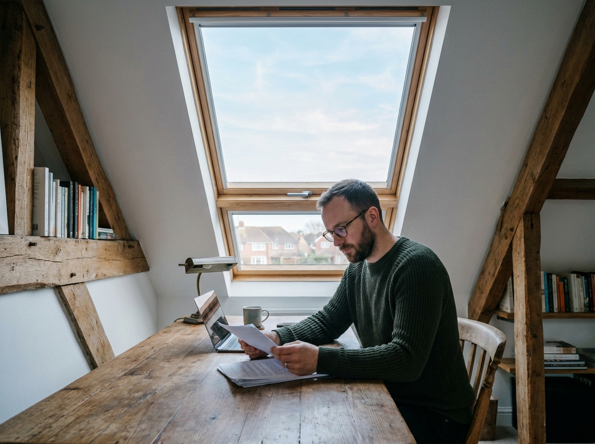 Homme travaillant dans un bureau sous les combles avec une fenêtre de toit vue sur ciel de banlieue