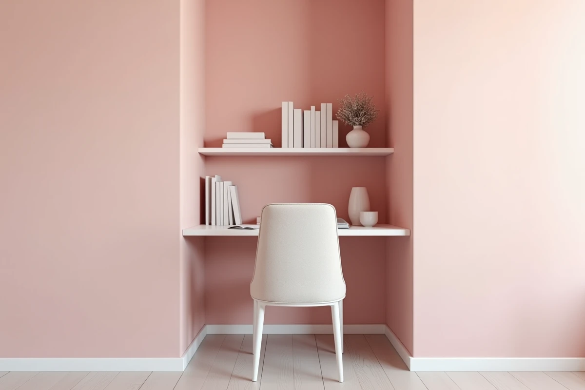 Bureau étroit peint en rose pâle pour agrandir visuellement une petite pièce de travail à domicile