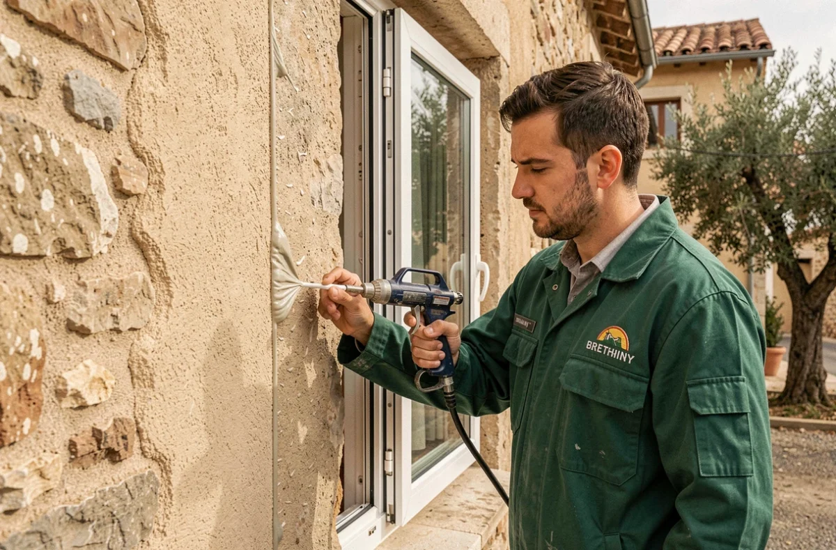 Installateur de BZH Menuiserie posant un joint de fenêtre à double vitrage sur une maison provençale dans le Var