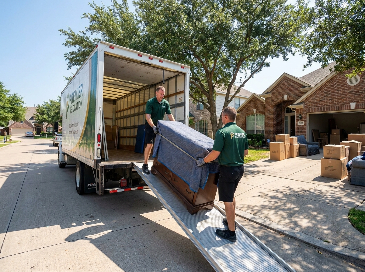 Déménageurs professionnels chargeant un camion de déménagement devant une maison pour un déménagement longue distance