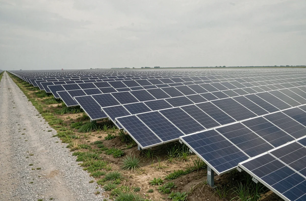 Grande centrale solaire au sol avec rangées de panneaux photovoltaïques en zone rurale