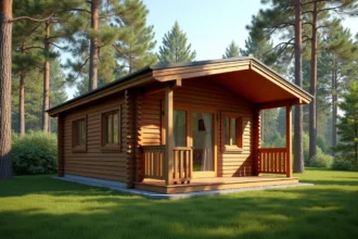 Chalet en bois habitable de 80m2 livré monté avec bardage en pin et terrasse couverte en milieu semi-rural