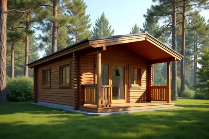 Chalet en bois habitable de 80m2 livré monté avec bardage en pin et terrasse couverte en milieu semi-rural