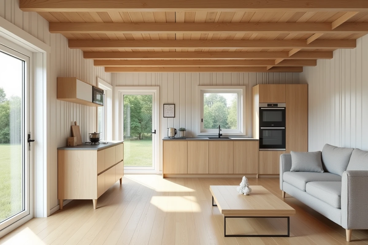 Intérieur d'un chalet bois habitable 80m2 avec cuisine ouverte, poutres apparentes et sol en chêne clair