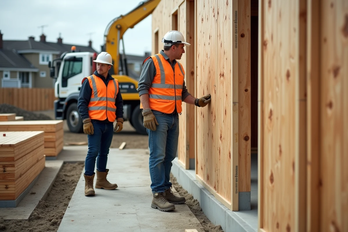 Montage d'un chalet en bois préfabriqué 80m2 sur dalle béton par deux ouvriers avec panneau de mur isolé