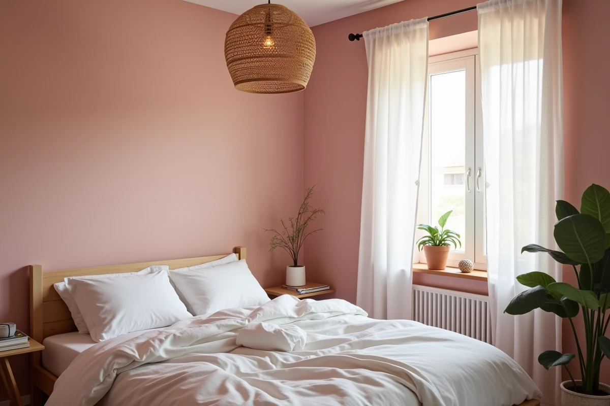 Petite chambre peinte en rose poudré pour créer une illusion d'espace avec literie blanche et décor minimaliste