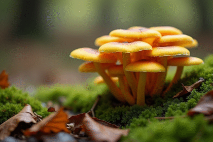 Champignons chanterelles jaunes parmi la mousse verte