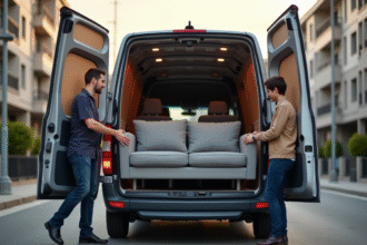 Chargement d'un canapé gris dans une camionnette urbaine
