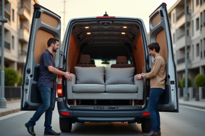 Chargement d'un canapé gris dans une camionnette urbaine