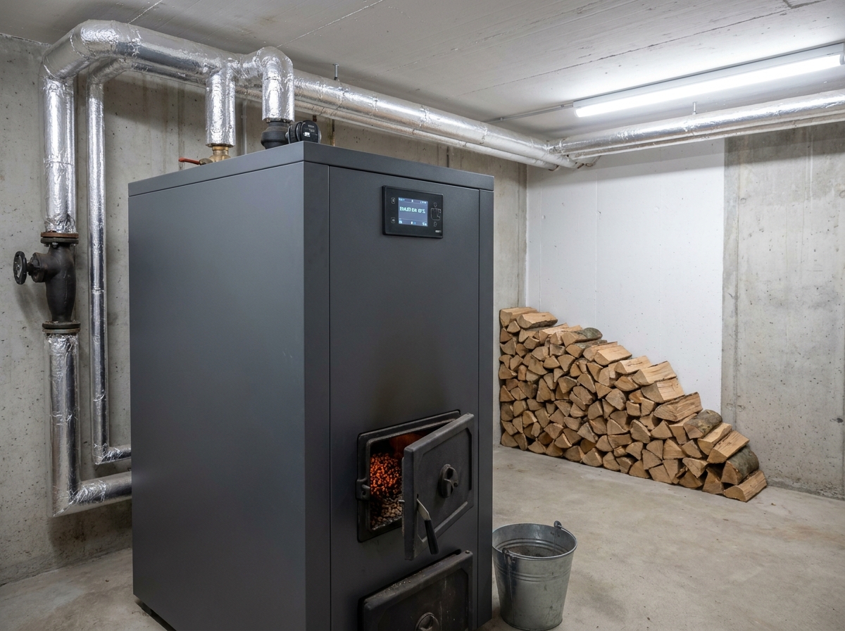 Chaudière à bois autonome installée dans une chaufferie avec tuyaux isolés et réserve de bûches empilées
